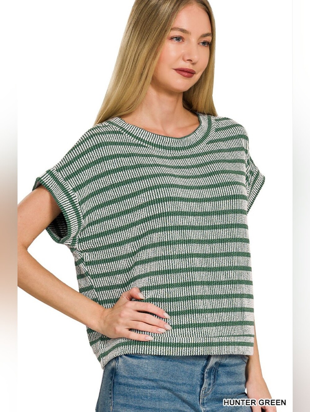 Zenana Hunter Green Cream Striped Ribbed Knit Short Sleeve Crew Neck Boxy Top L